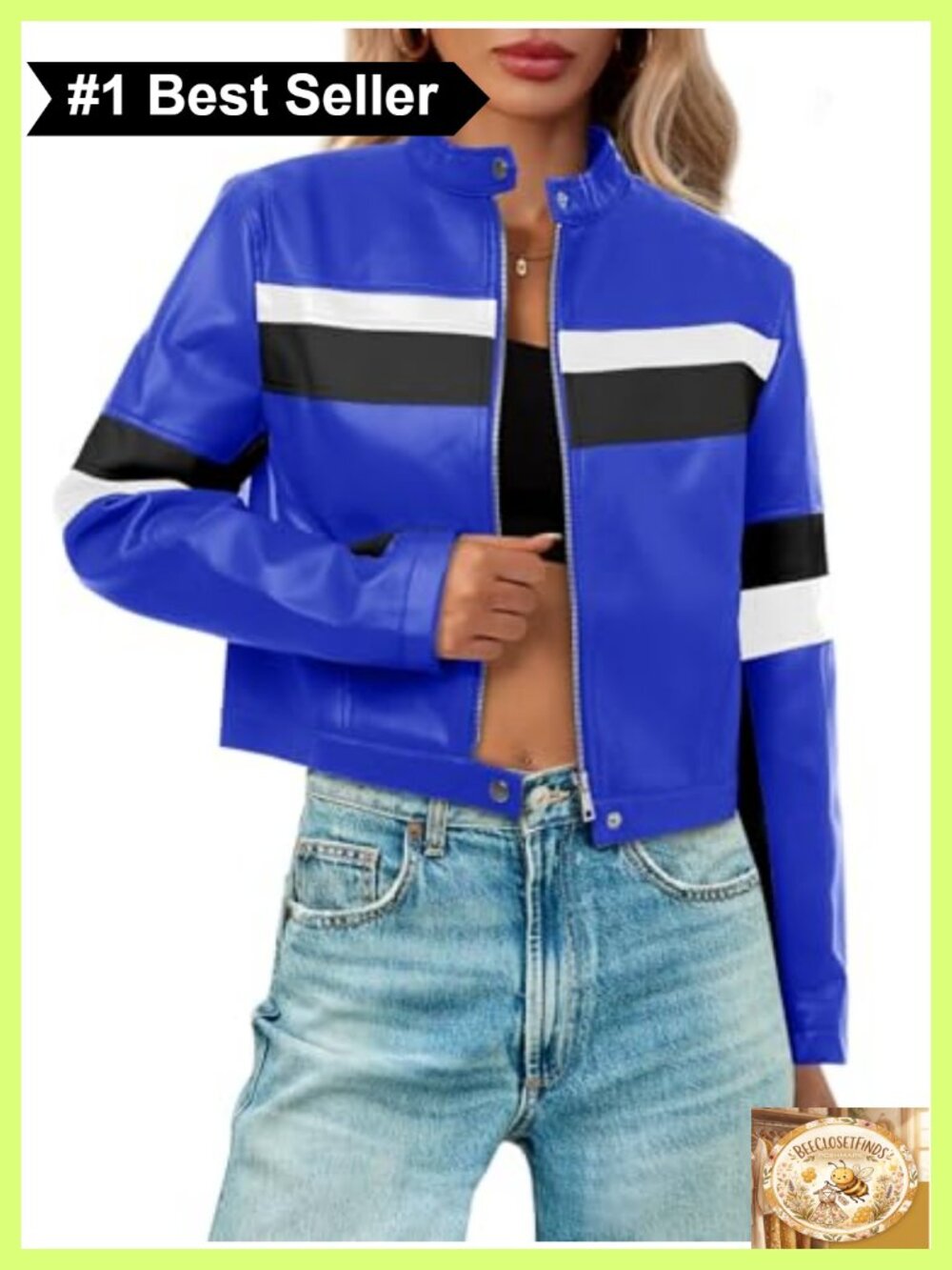 Faux Leather Cropped Moto Biker Bomber Jacket Color Block Racing Coat